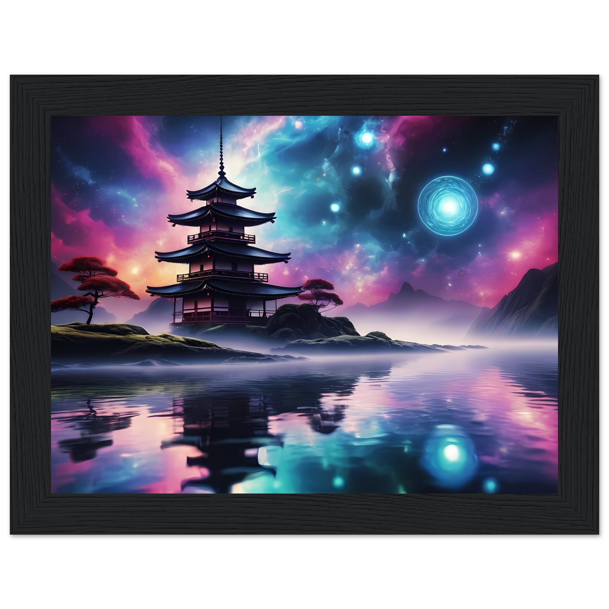 Mystic Fusion: Wooden Framed Poster of a Lake Temple 2