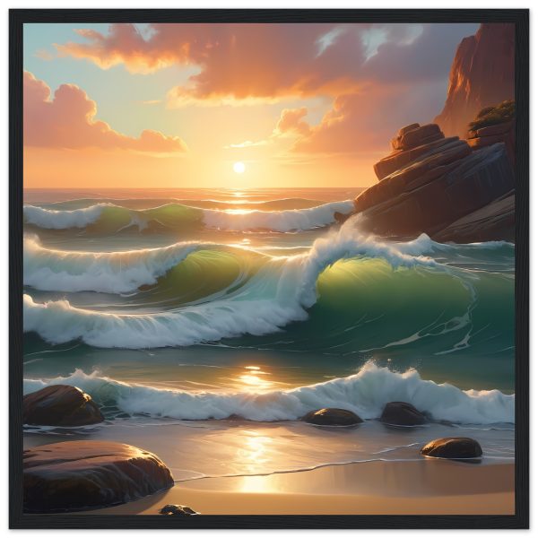 Sunset Serenity: Zen Waves in Wooden Frame 3