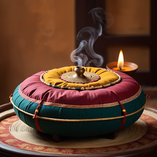 A zafu cushion and incense, commonly used in Zen meditation practices.